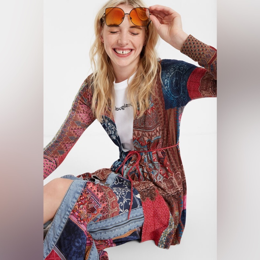 Desigual Cardigan Sikkim Knit Open Sweater Sz S Tie Waist Metallic Thread Boho